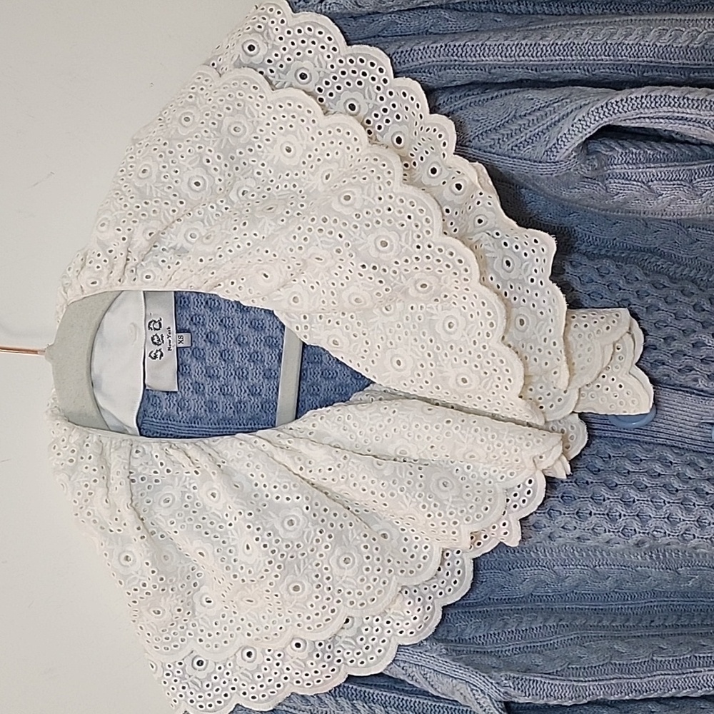 Sea NY Melanie cable-knit cropped cardigan light blue wool Broderie Collar XS - Picture 6 of 16